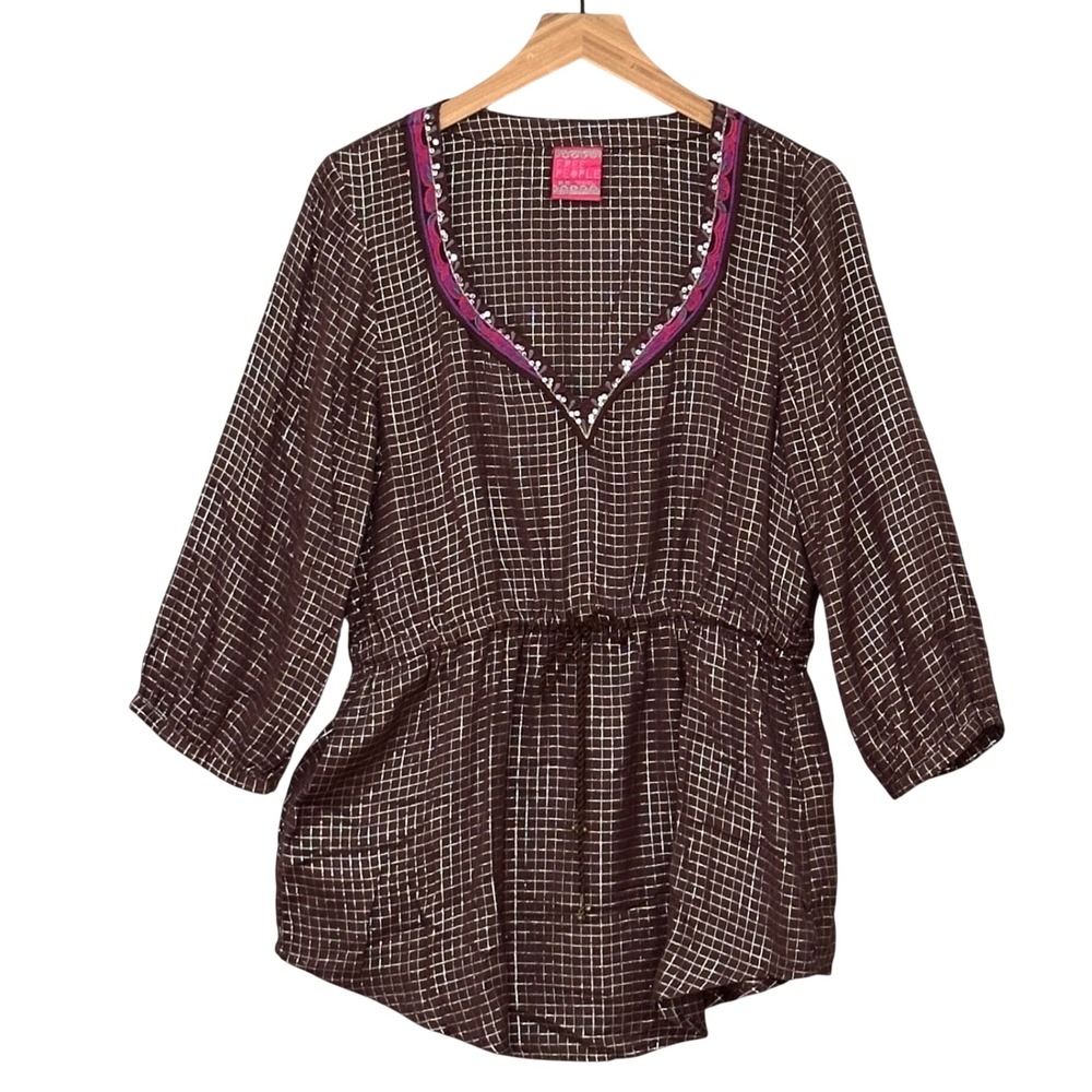 Free People Womens Top M Brown Silver Grid Sequins Embroidered Indie Festival